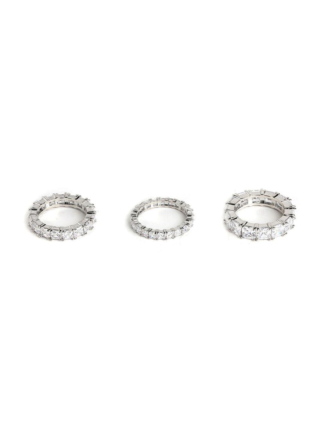 aldo set of 3 silver-toned & white stone studded finger ring