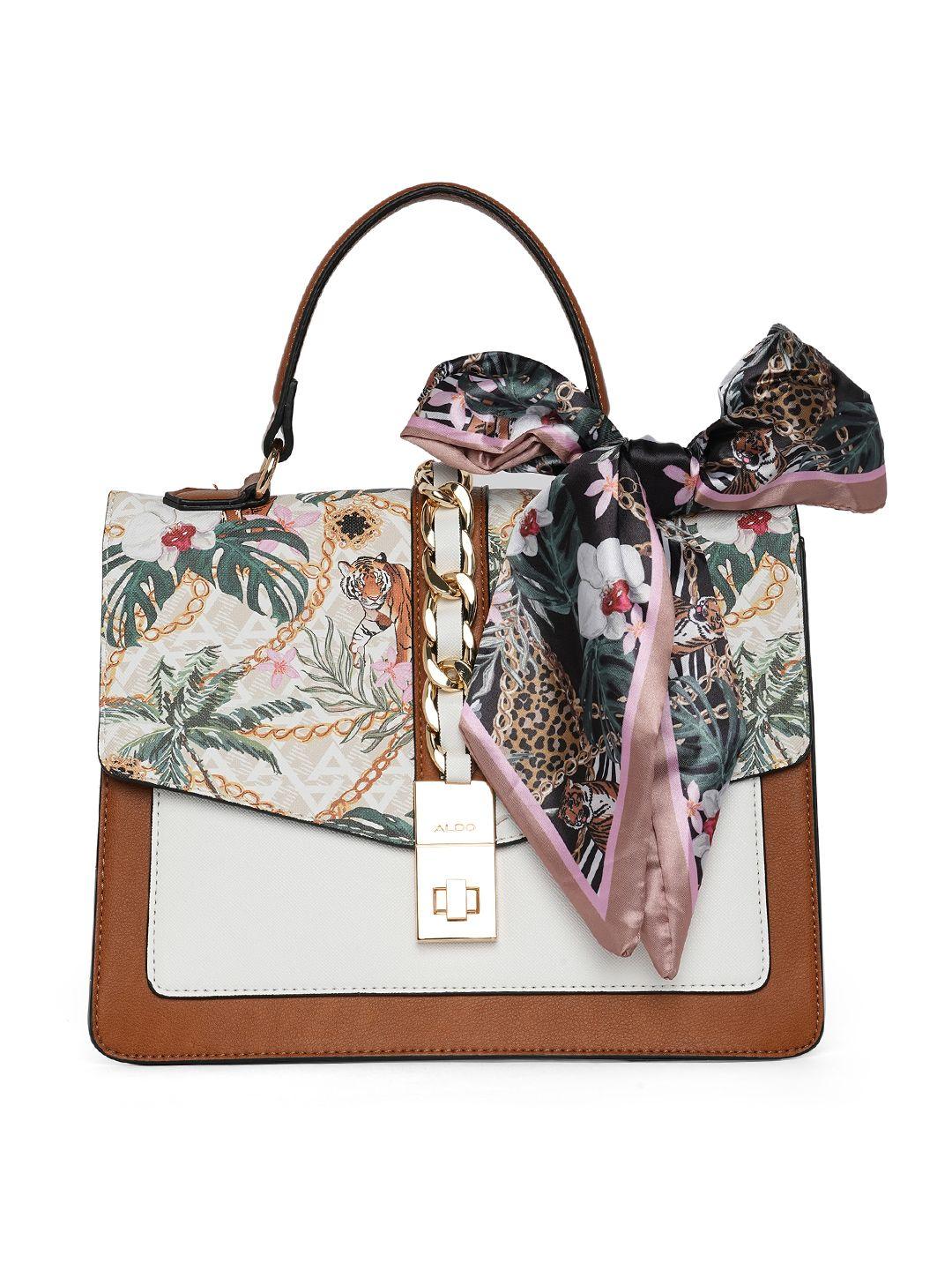 aldo tropical printed structured satchel bag with chain embellished detail