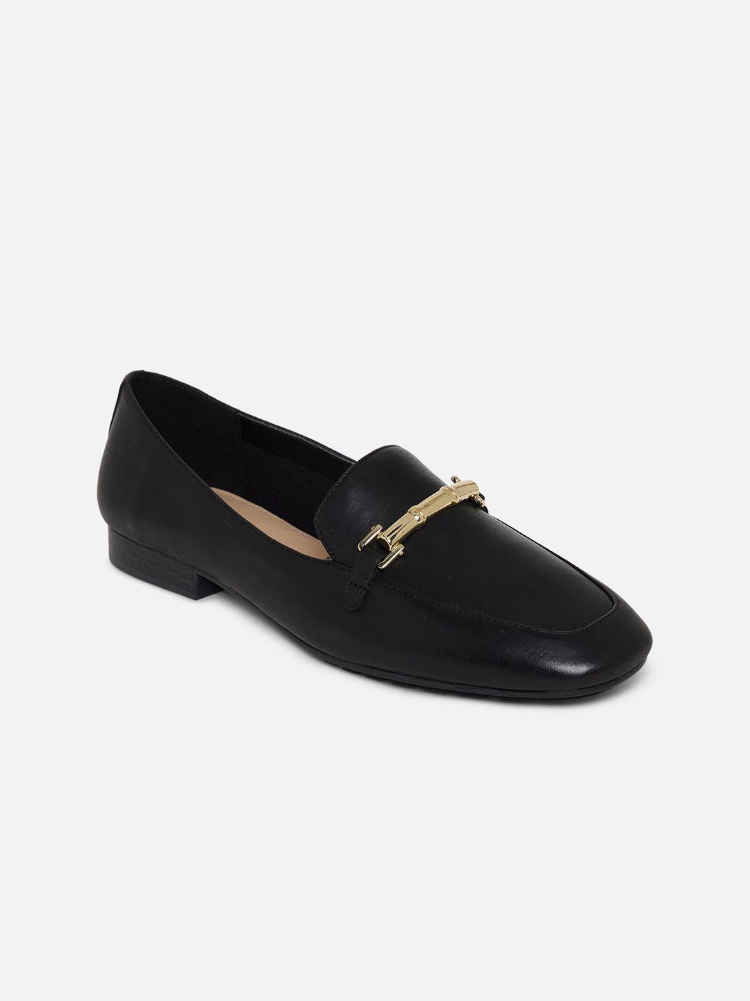 aldo women black solid leather loafers