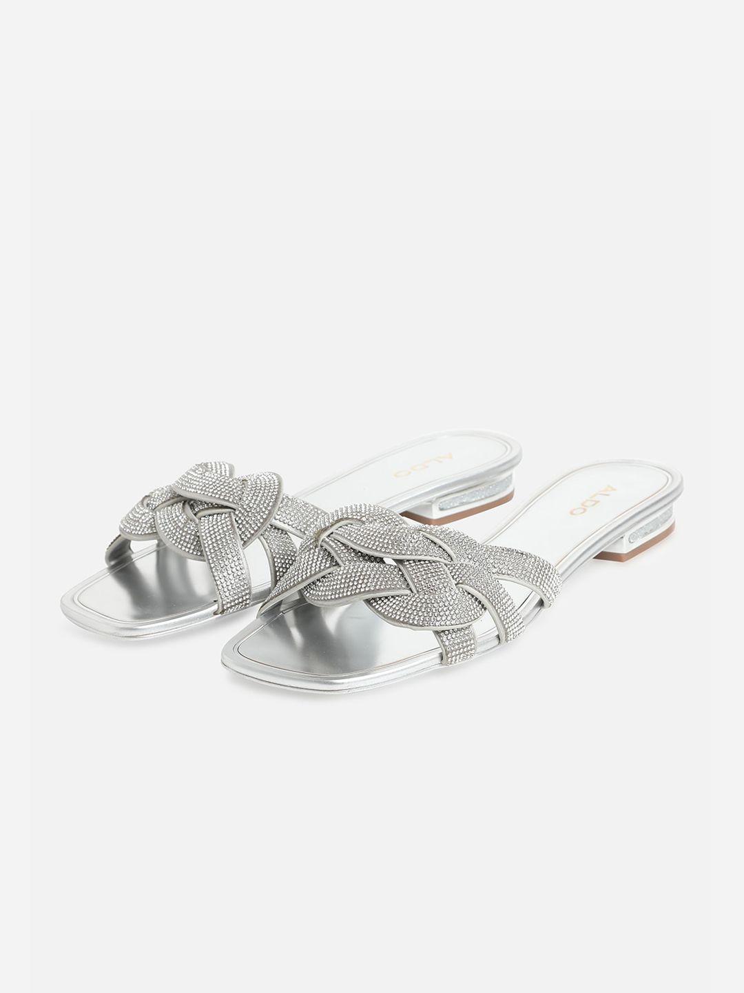 aldo women silver-toned open square toe flats