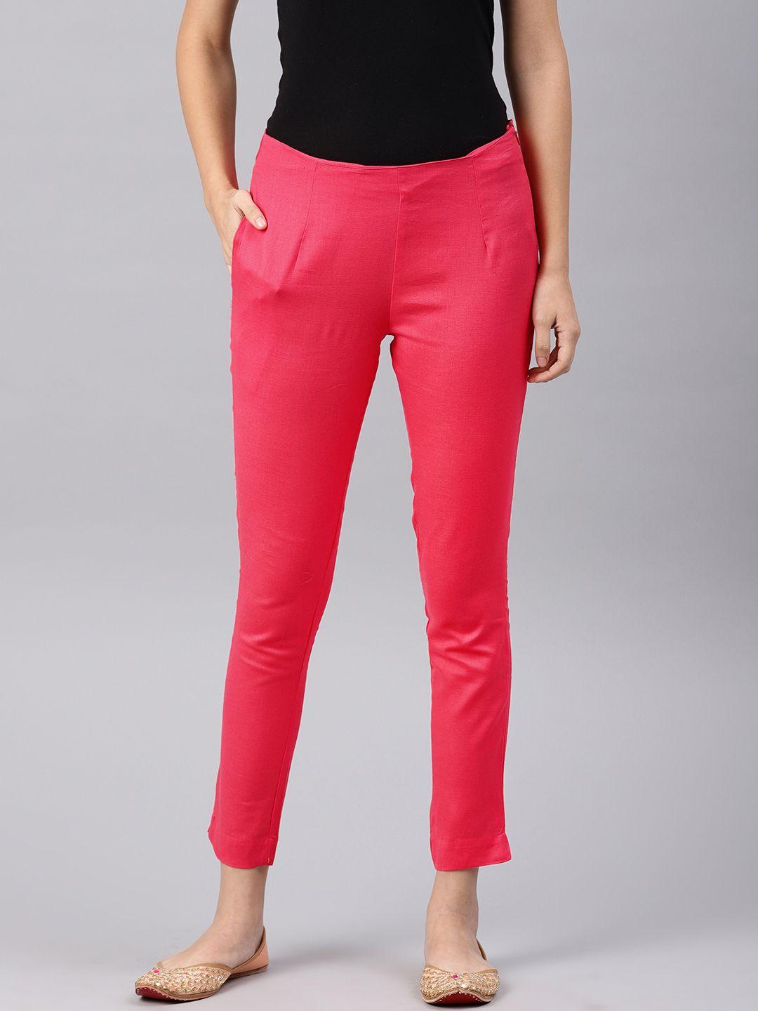 alena women coral pink slim fit solid cropped cigarette trousers