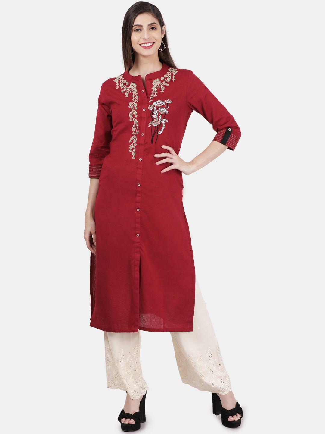alena women maroon embroidered straight kurta