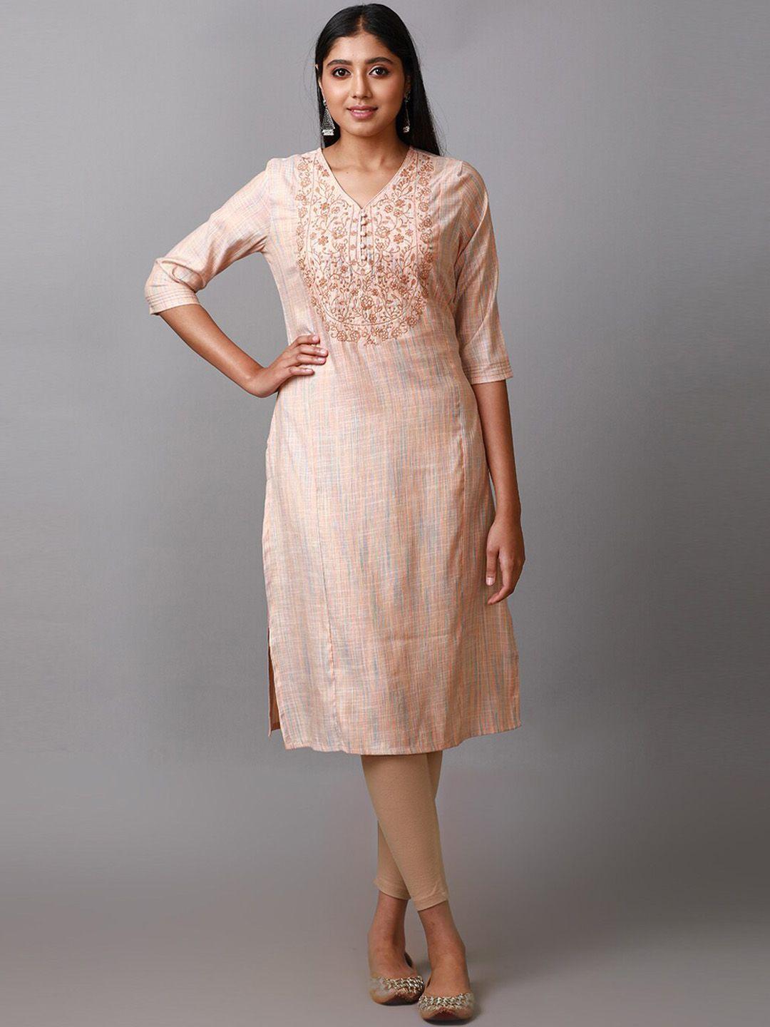 alena ethnic motifs embroidered v-neck cotton kurta