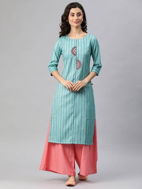 alena turquoise cotton embroidered straight kurta