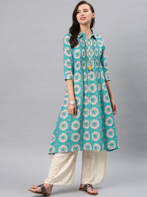 alena turquoise cotton printed a line kurta