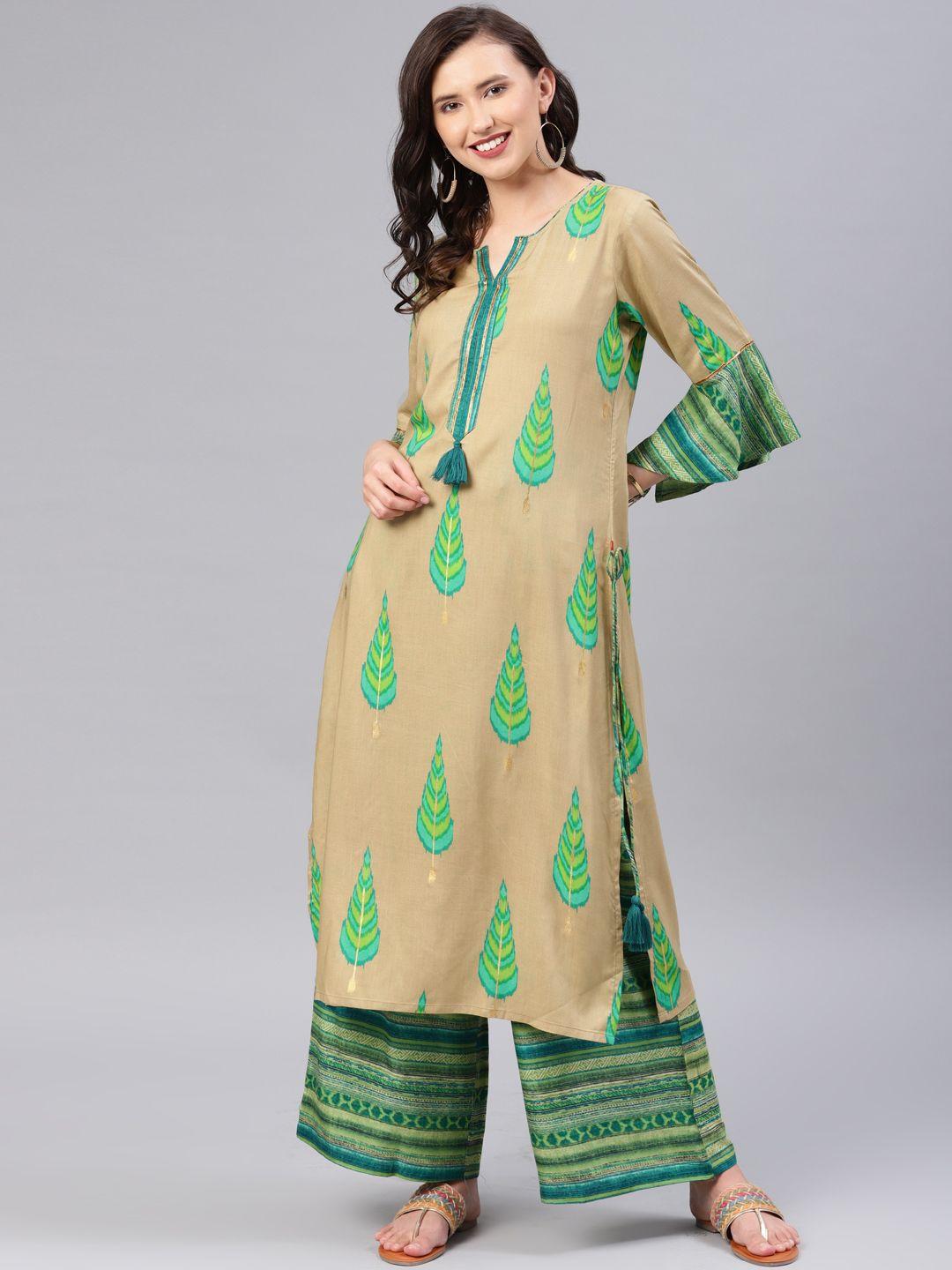 alena women beige & green printed kurta with palazzos