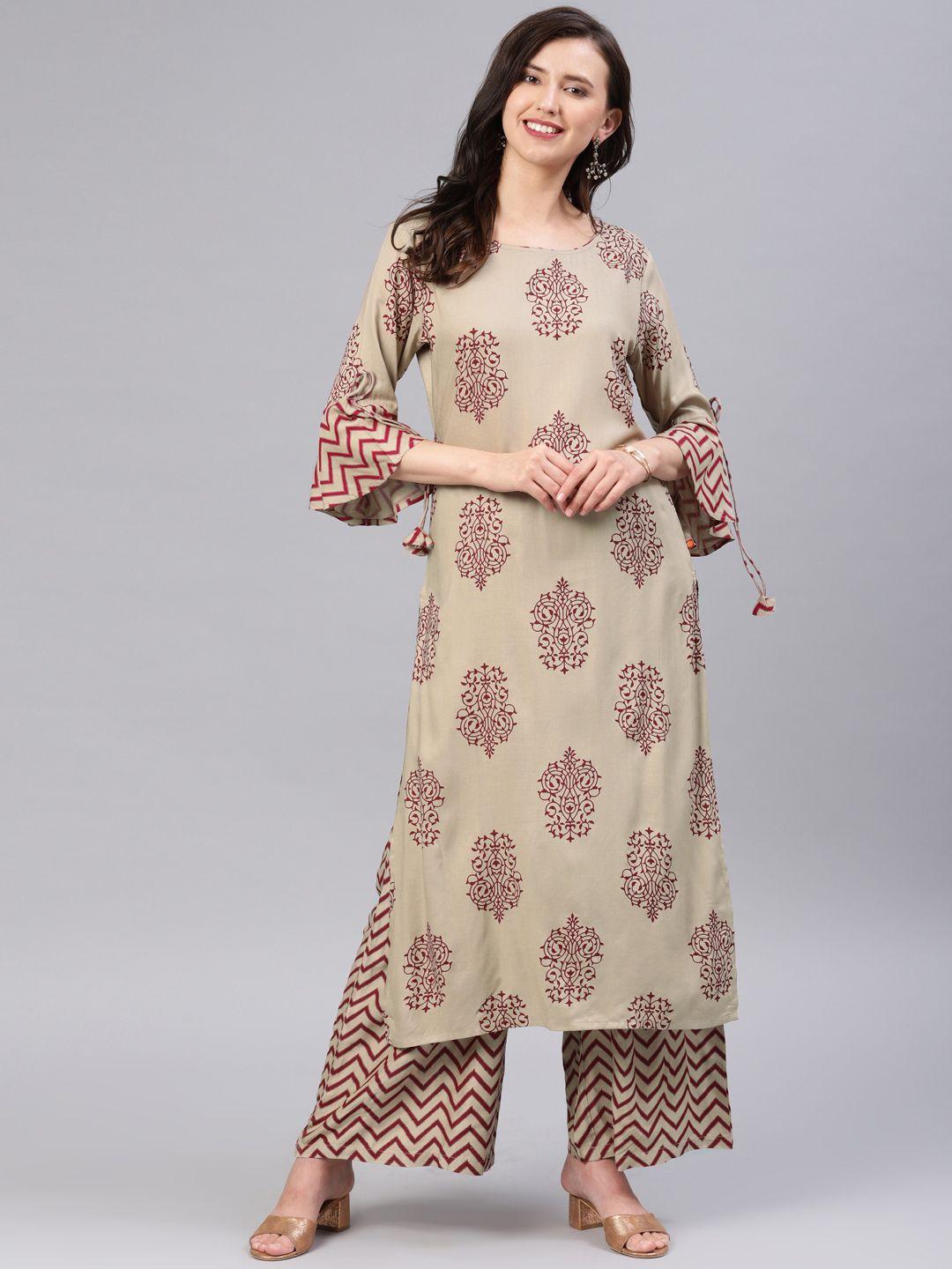 alena women beige & maroon printed kurta with palazzos