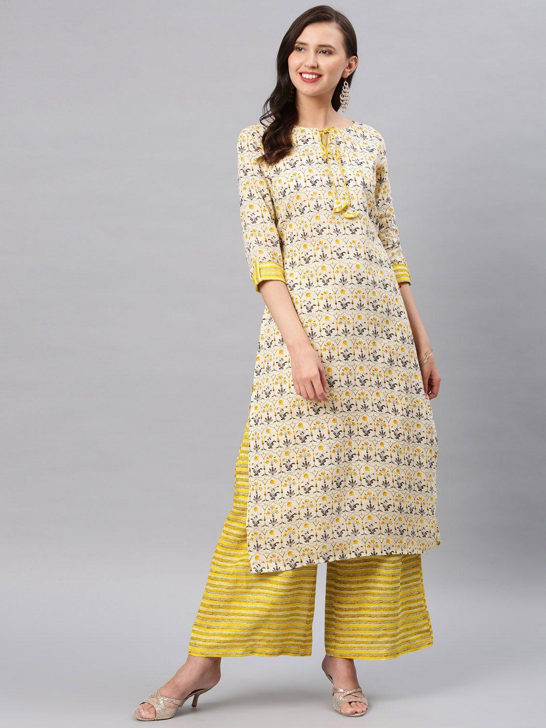 alena women beige & mustard yellow printed kurta with palazzos