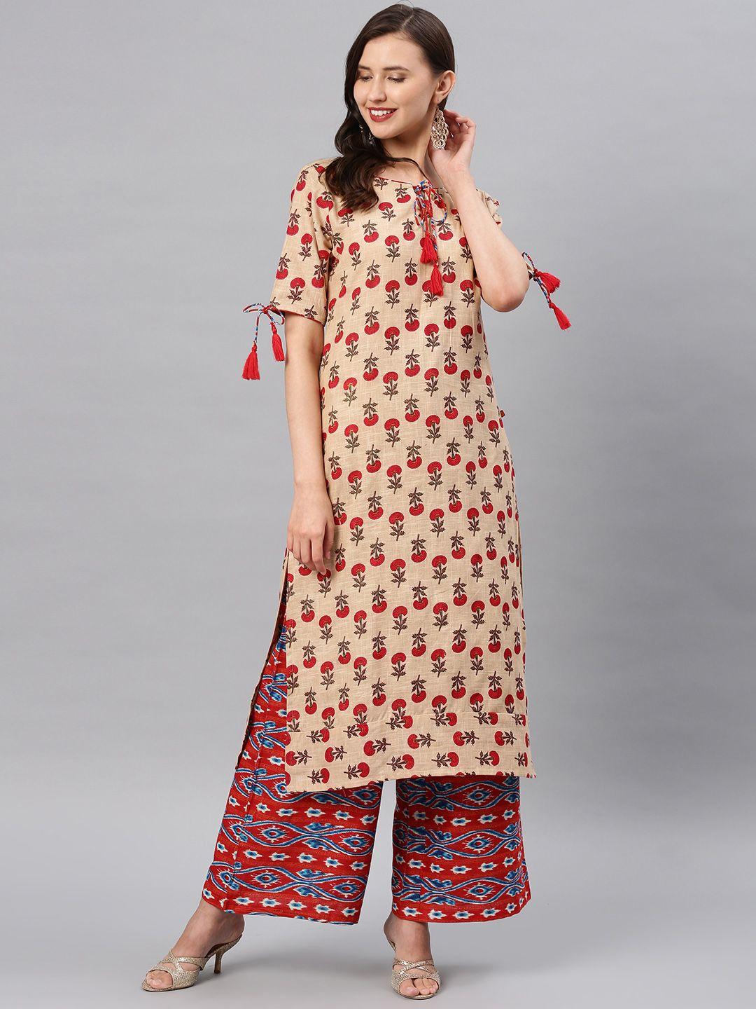 alena women beige & red printed kurta with palazzos