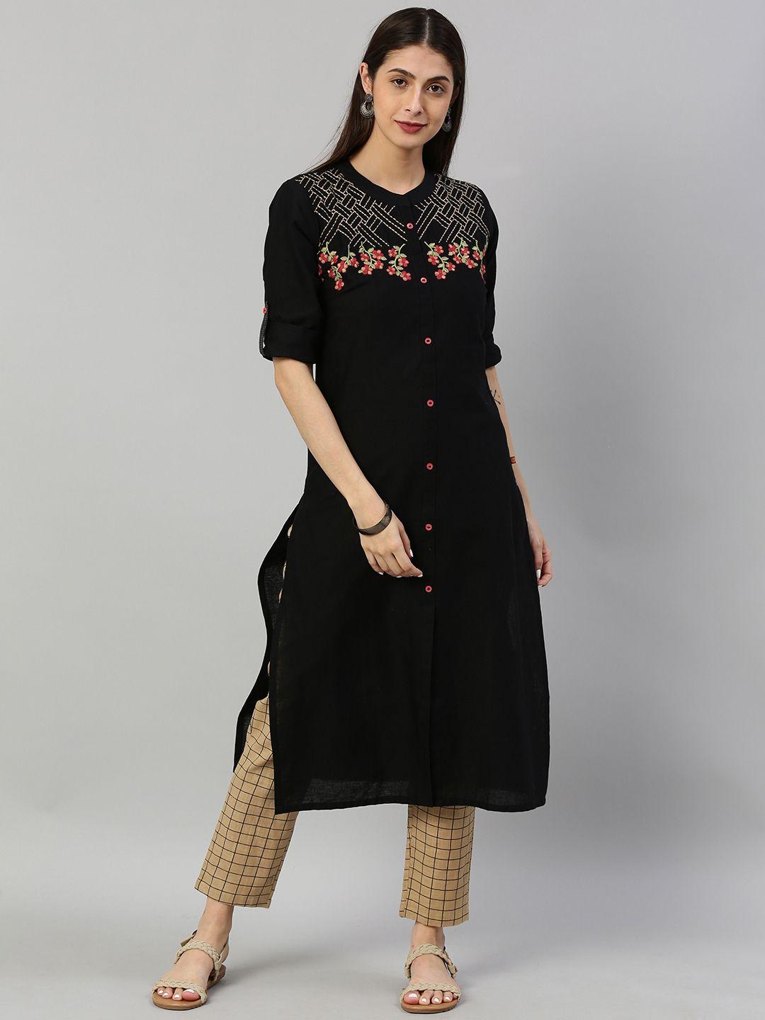 alena women black embroidered straight kurta