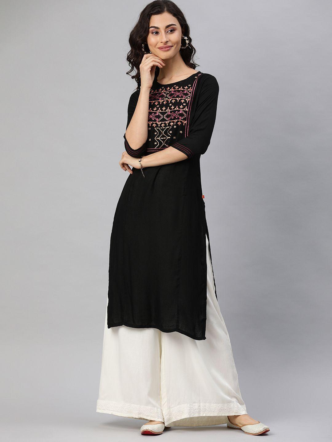 alena women black embroidered straight kurta