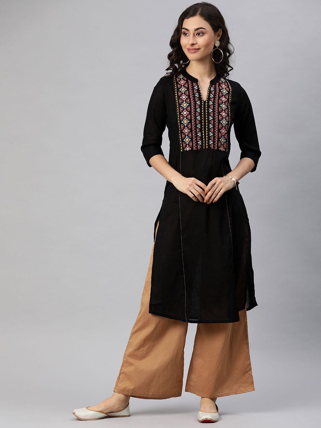 alena women black embroidered straight kurta