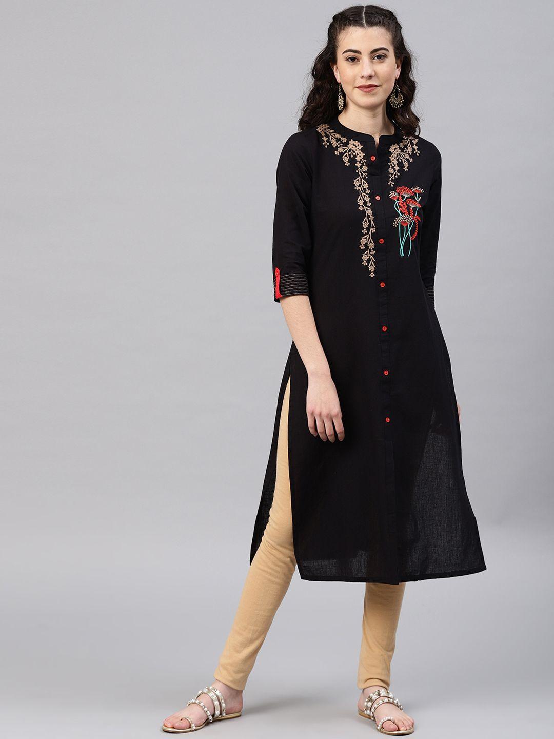 alena women black floral embroidered straight kurta