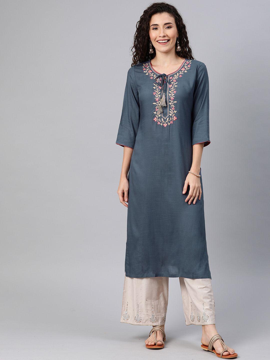 alena women blue floral embroidered tie-up neck straight kurta