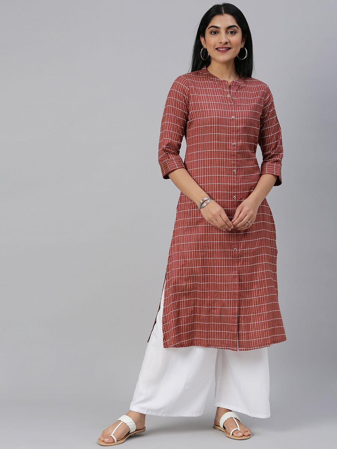 alena women brown checked straight kurta