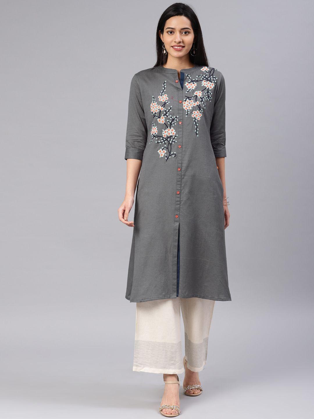 alena women charcoal grey embroidered straight kurta