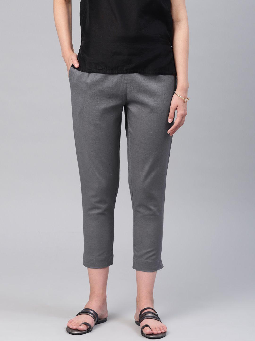 alena women charcoal grey slim fit solid cropped cigarette trousers