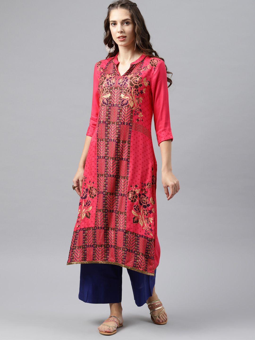 alena women coral pink printed straight kurta