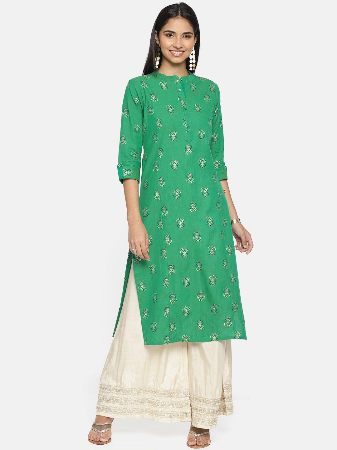 alena women green & gold-coloured printed straight kurta