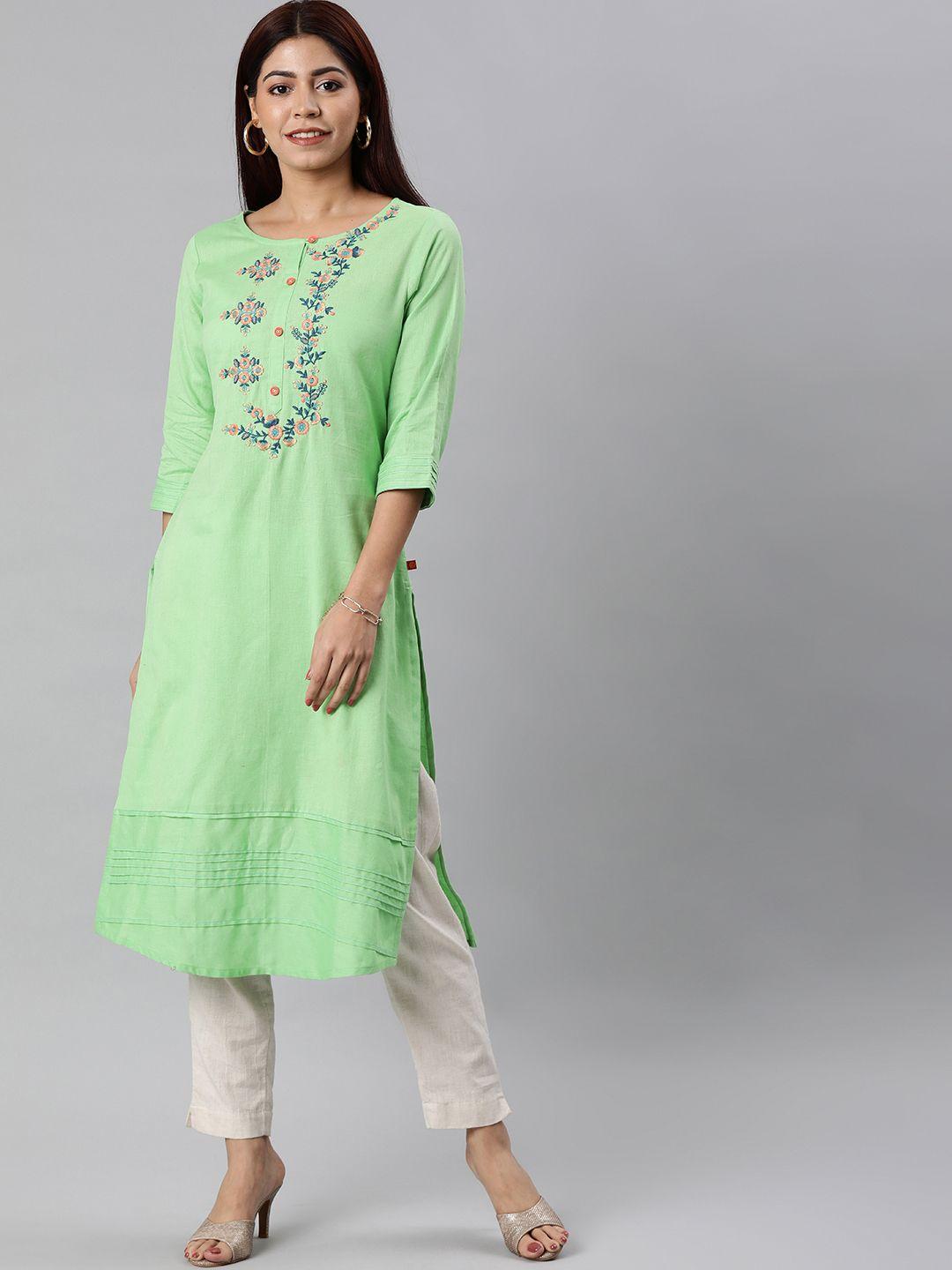 alena women green embroidered pleated straight kurta