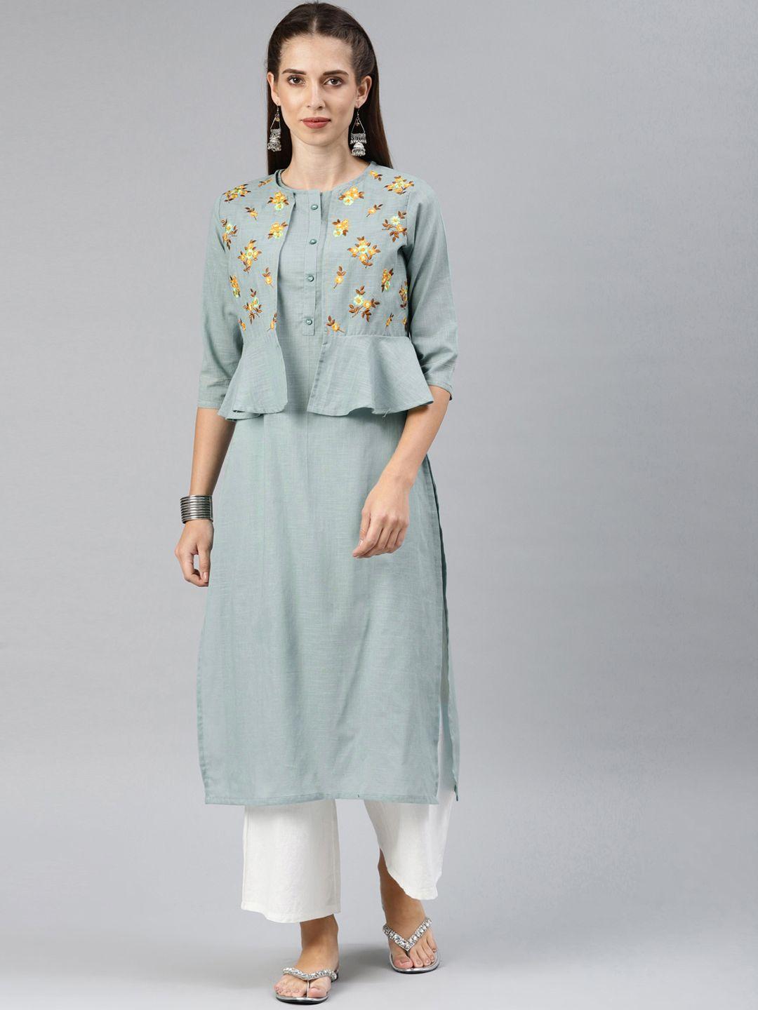 alena women green floral embroidered straight layered kurta