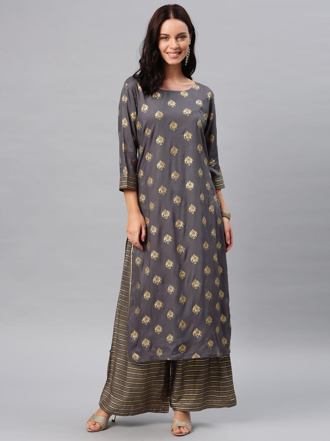 alena women grey & gold-coloured printed kurta with palazzos