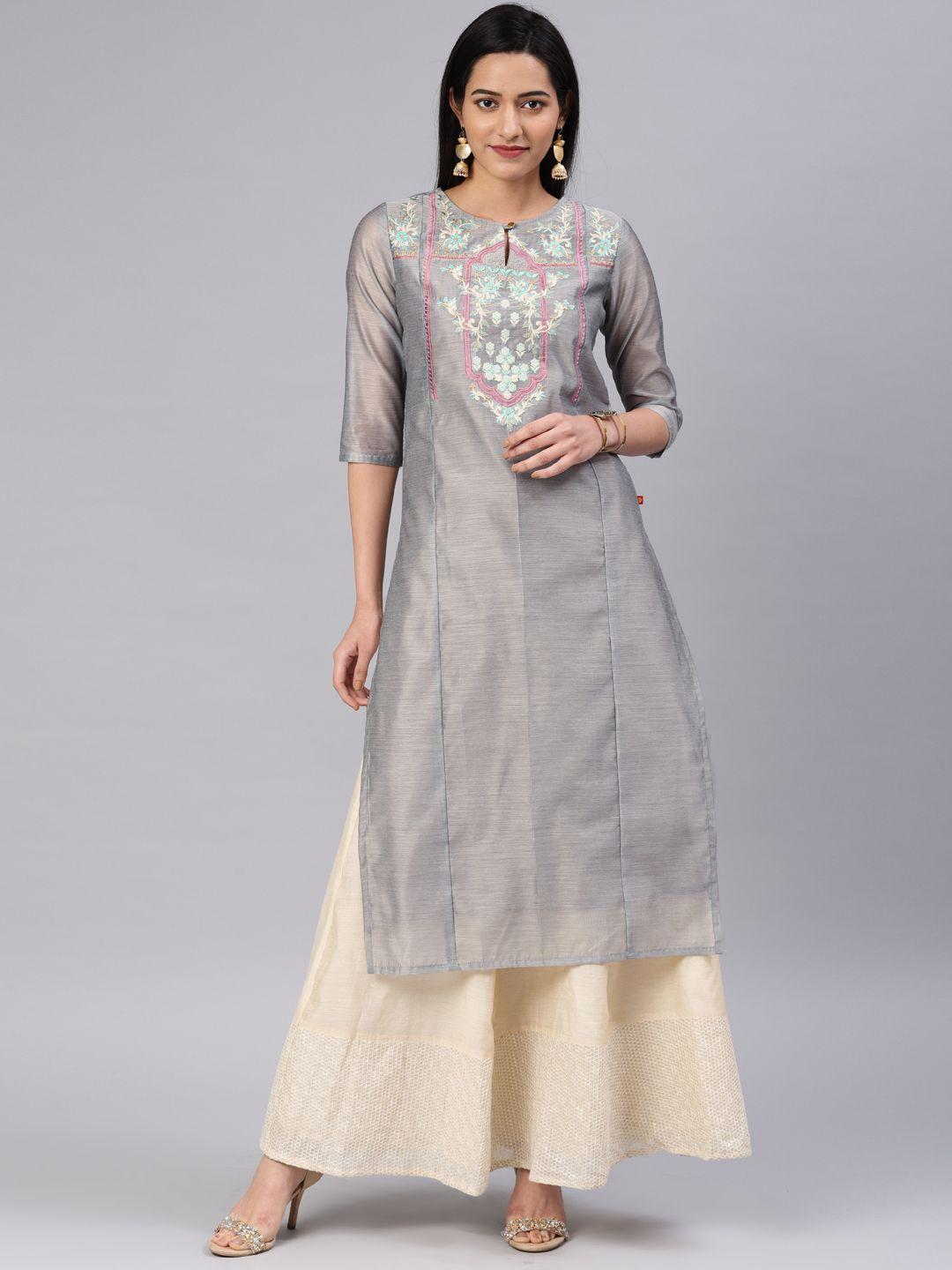 alena women grey embroidered straight kurta
