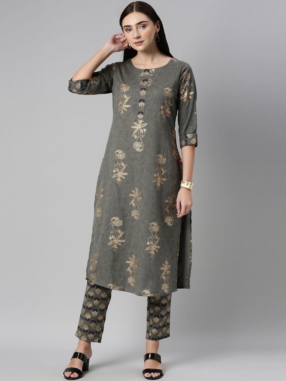 alena women grey floral printed kurta with trousers