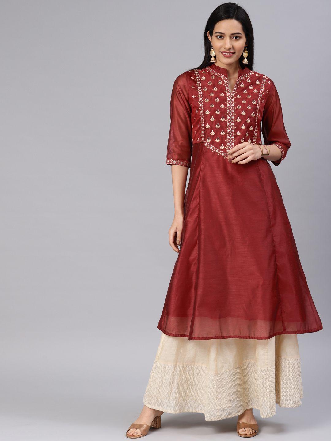 alena women maroon yoke design panelled a-line kurta