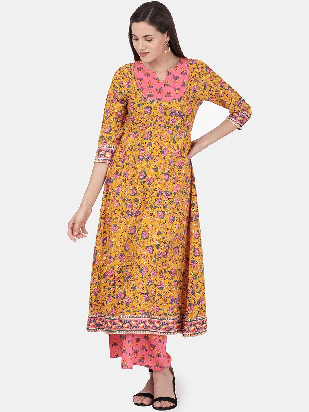 alena women mustard yellow & pink printed kurta with palazzos