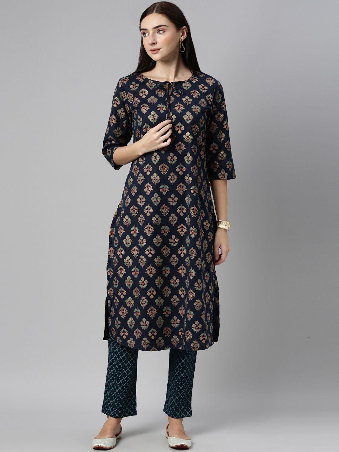 alena women navy blue ethnic motifs printed high slit kurti with trousers