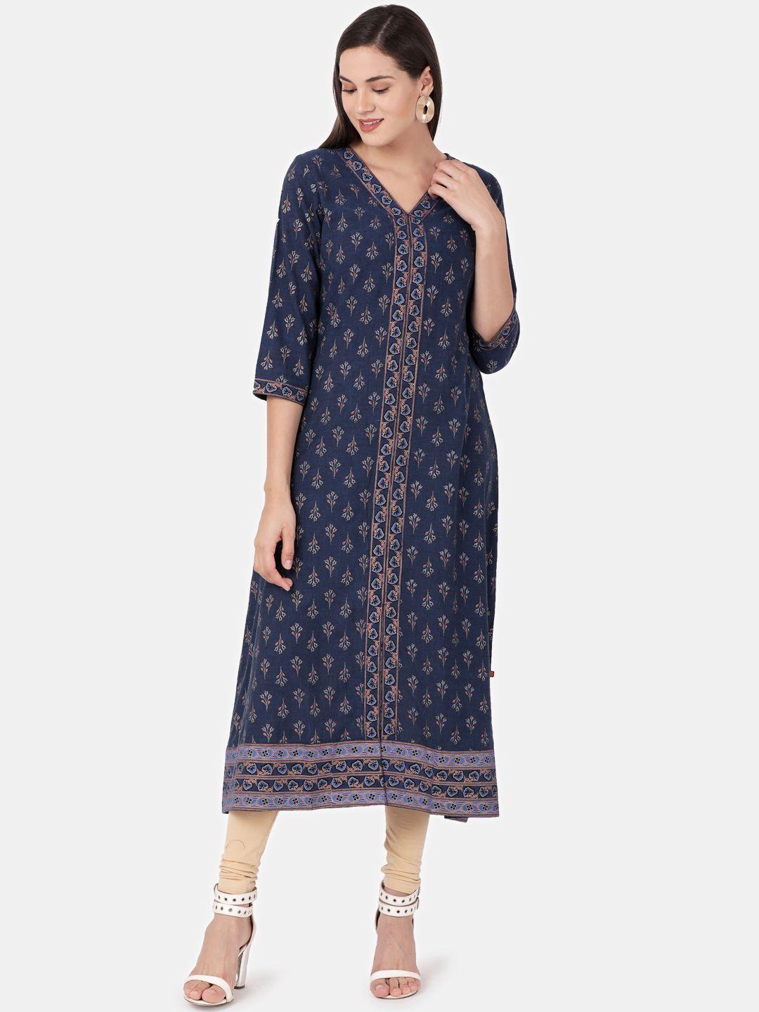 alena women navy blue printed a-line kurta