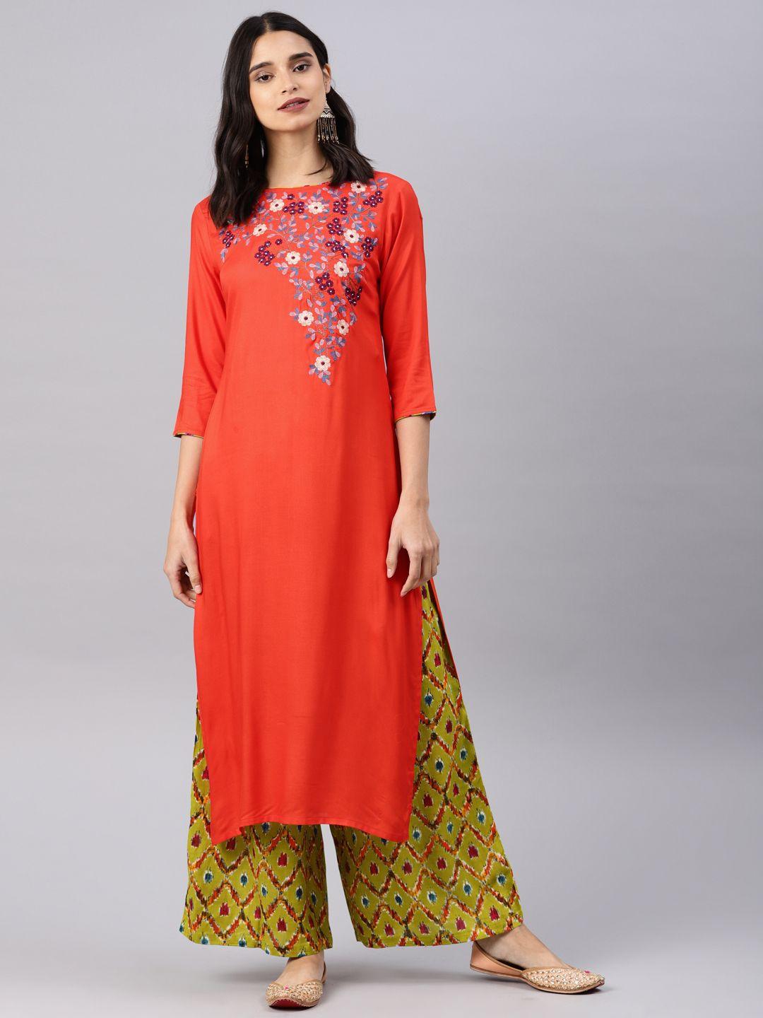 alena women orange & green embroidered kurta with palazzos