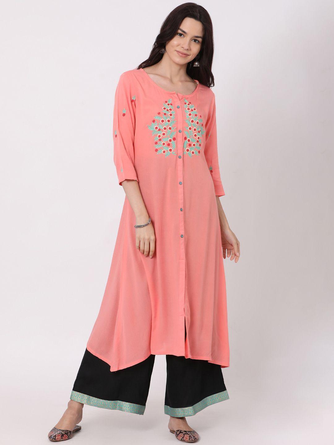 alena women peach-coloured embroidered a-line kurta