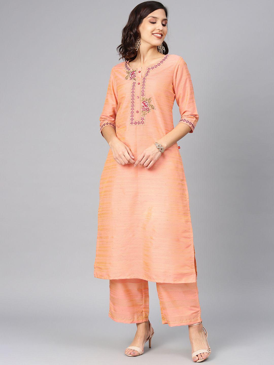 alena women peach-coloured embroidered kurta with palazzos