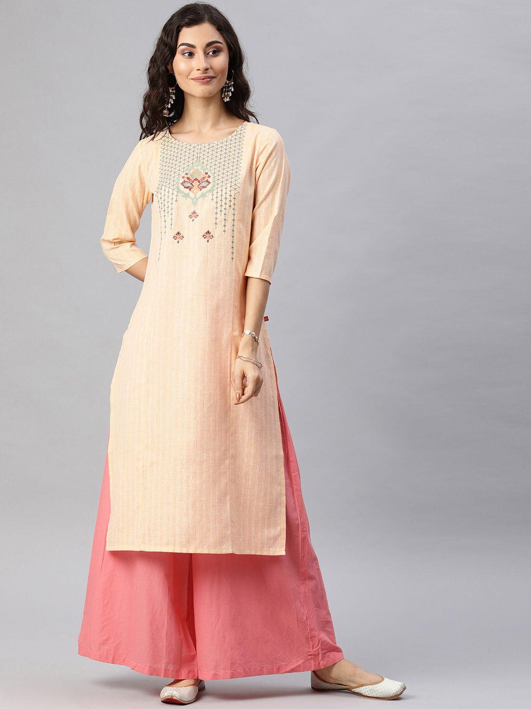 alena women peach-coloured embroidered paneled straight kurta