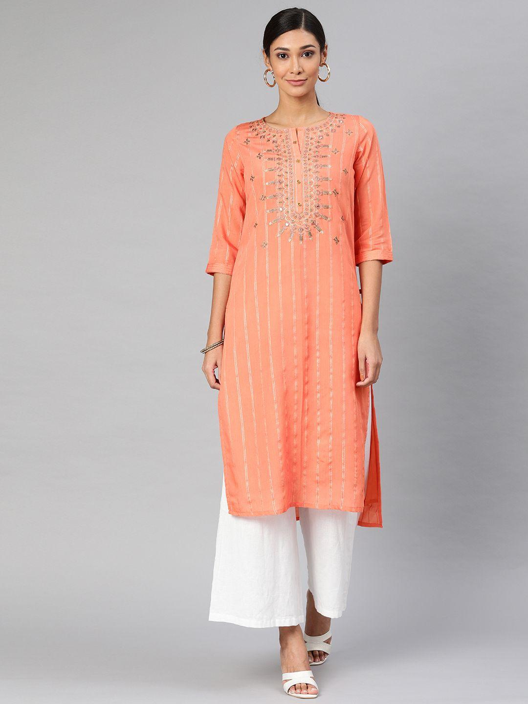 alena women peach-coloured embroidered straight kurta