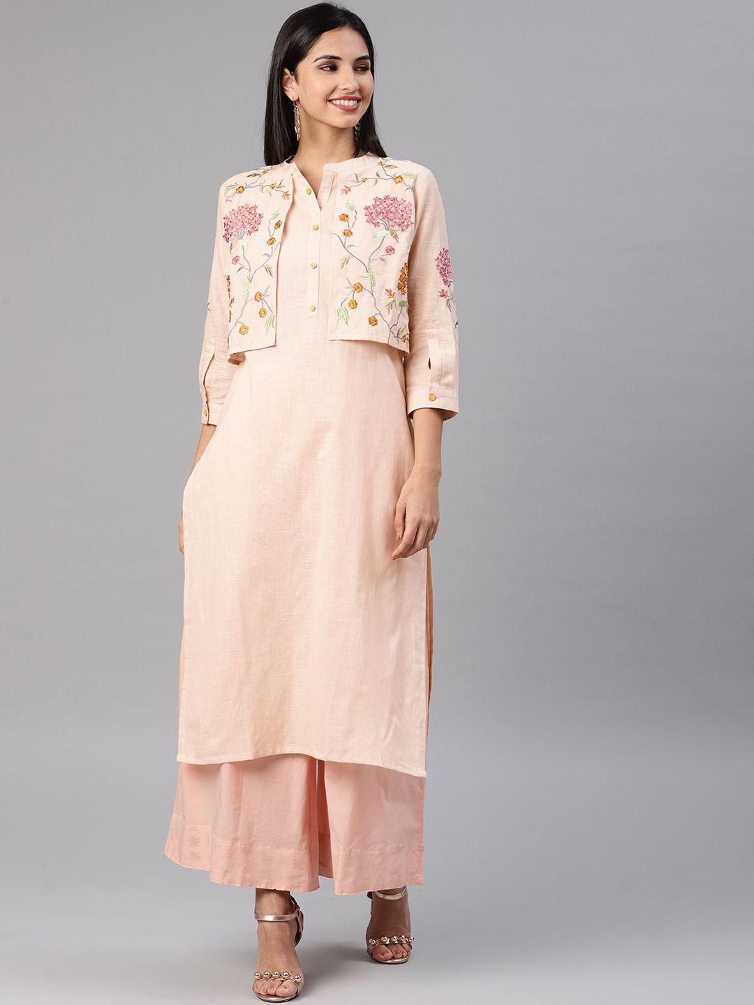 alena women peach-coloured floral embroidered straight layered kurta