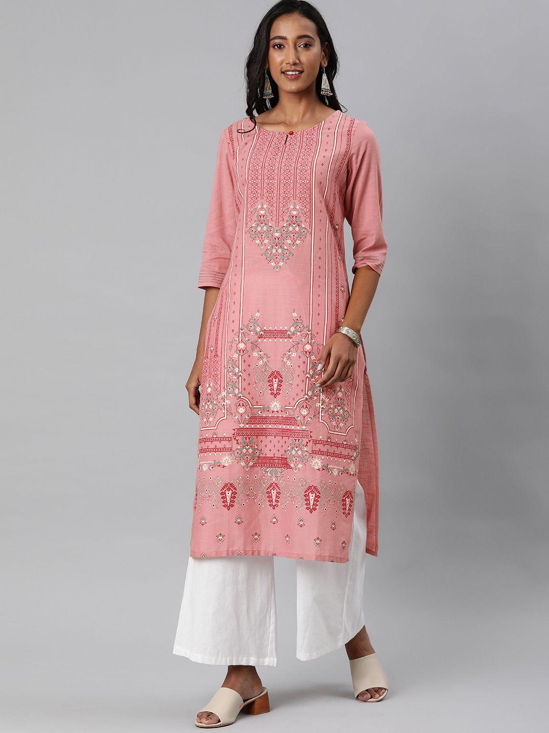 alena women peach-coloured printed straight kurta