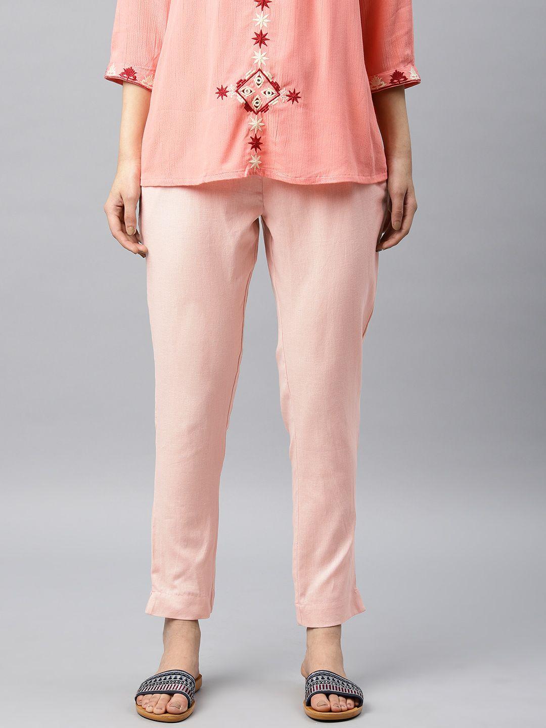 alena women peach-coloured regular fit solid cigarette trousers