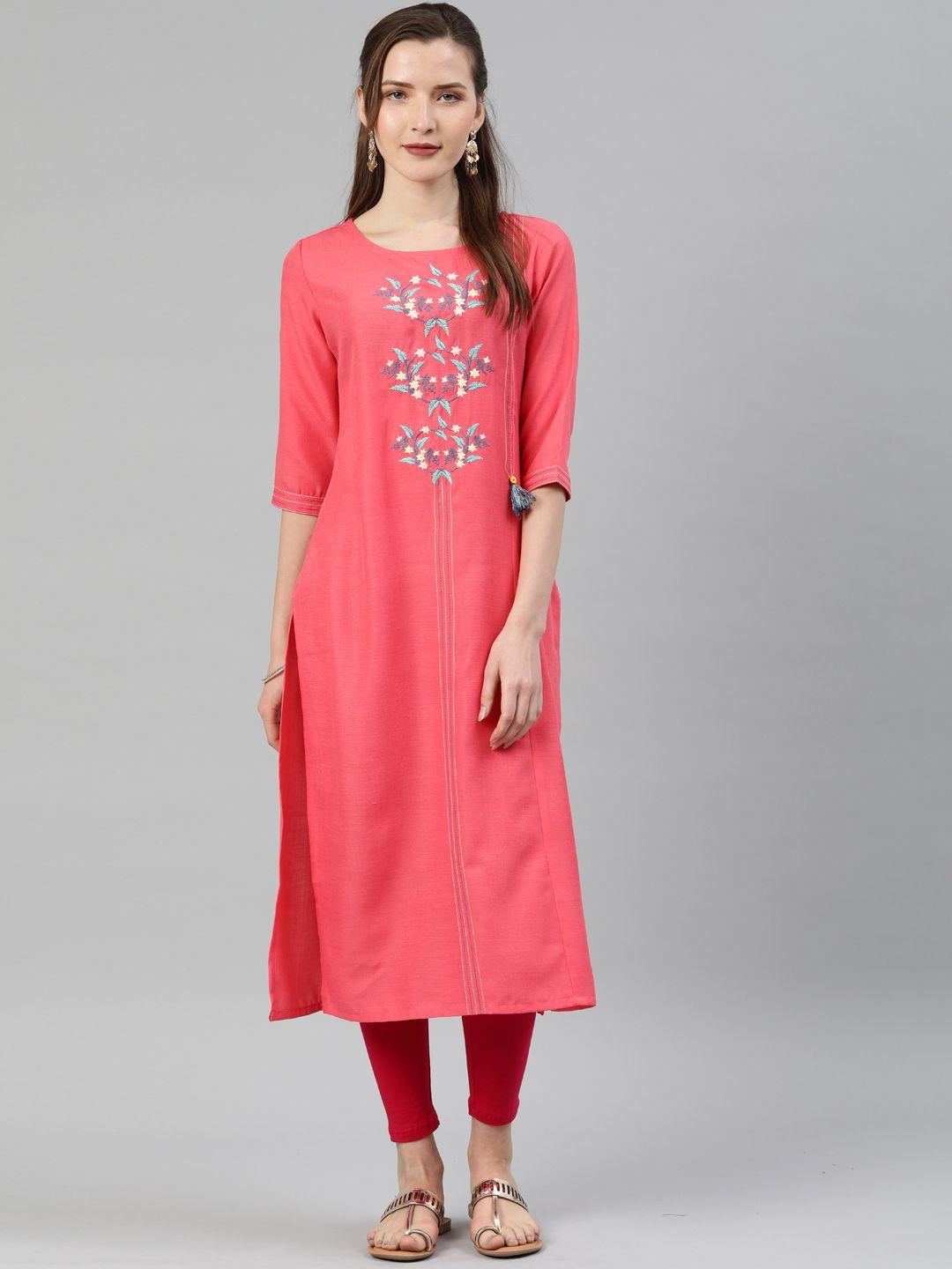 alena women pink & blue embroidered straight kurta