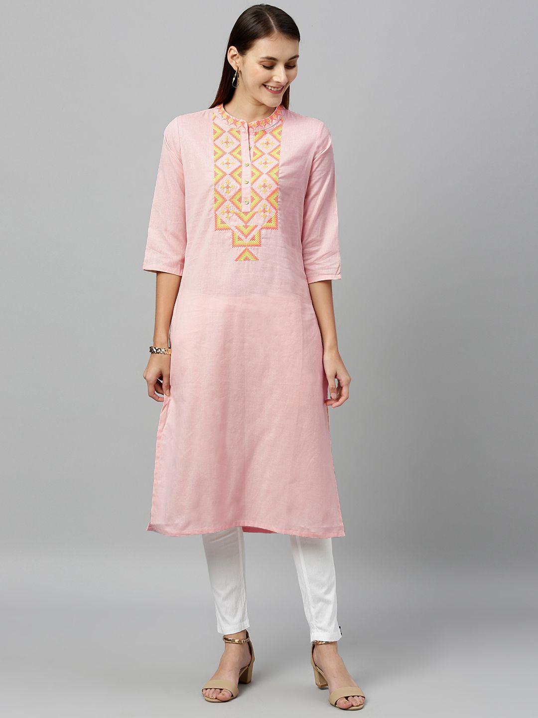 alena women pink embroidered straight kurta