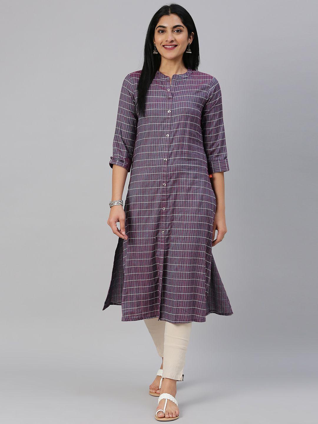 alena women purple & white checked straight kurta