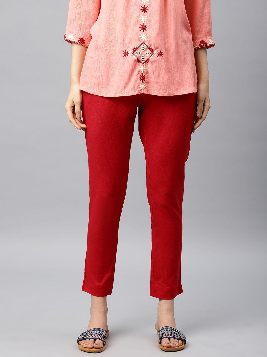 alena women red regular fit solid cigarette trousers