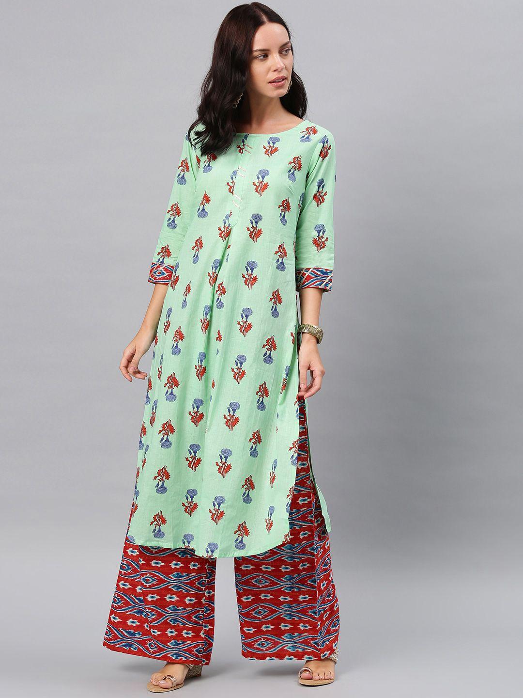 alena women sea green & red printed kurta with palazzos