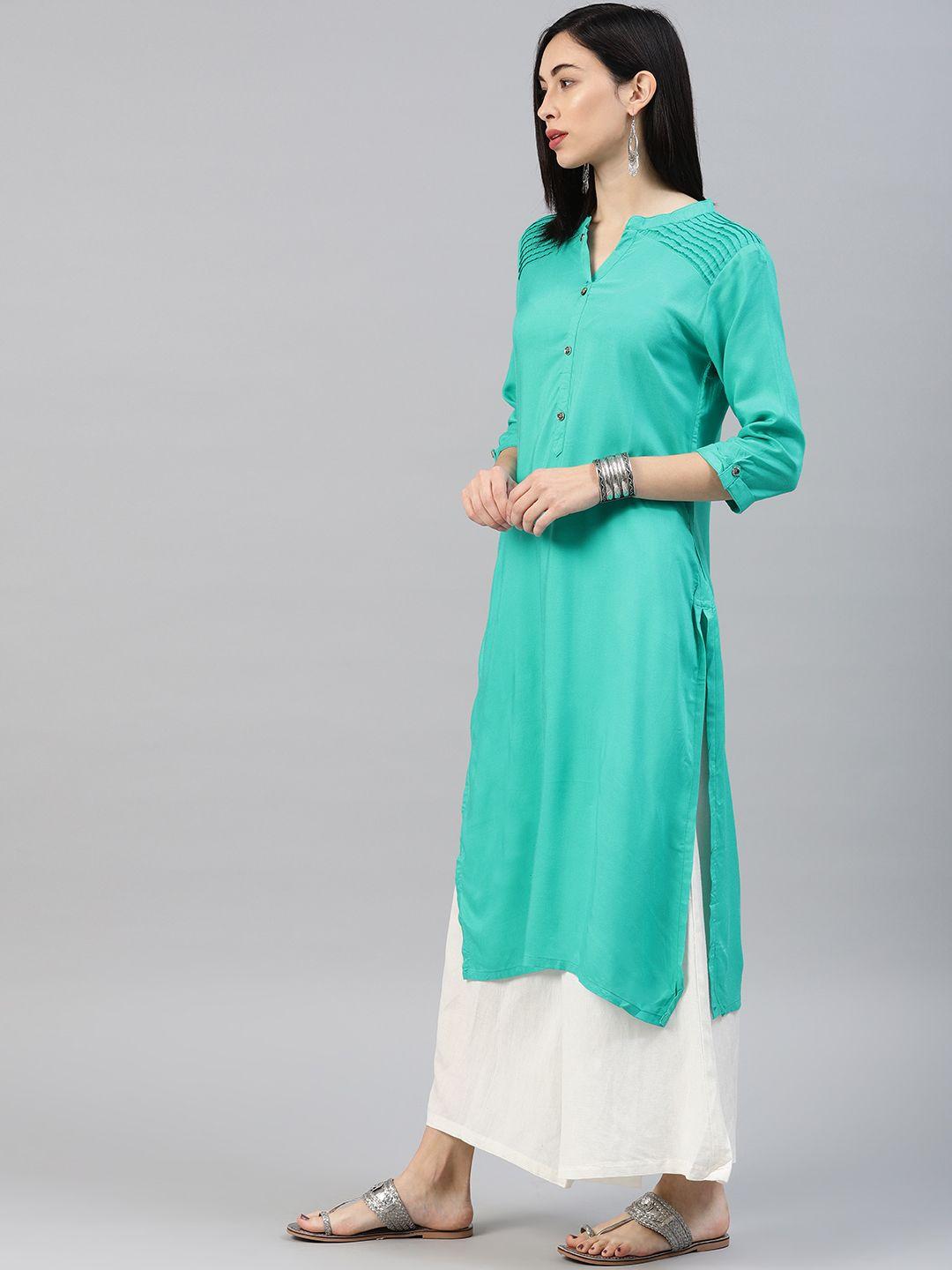 alena women sea green solid straight kurta