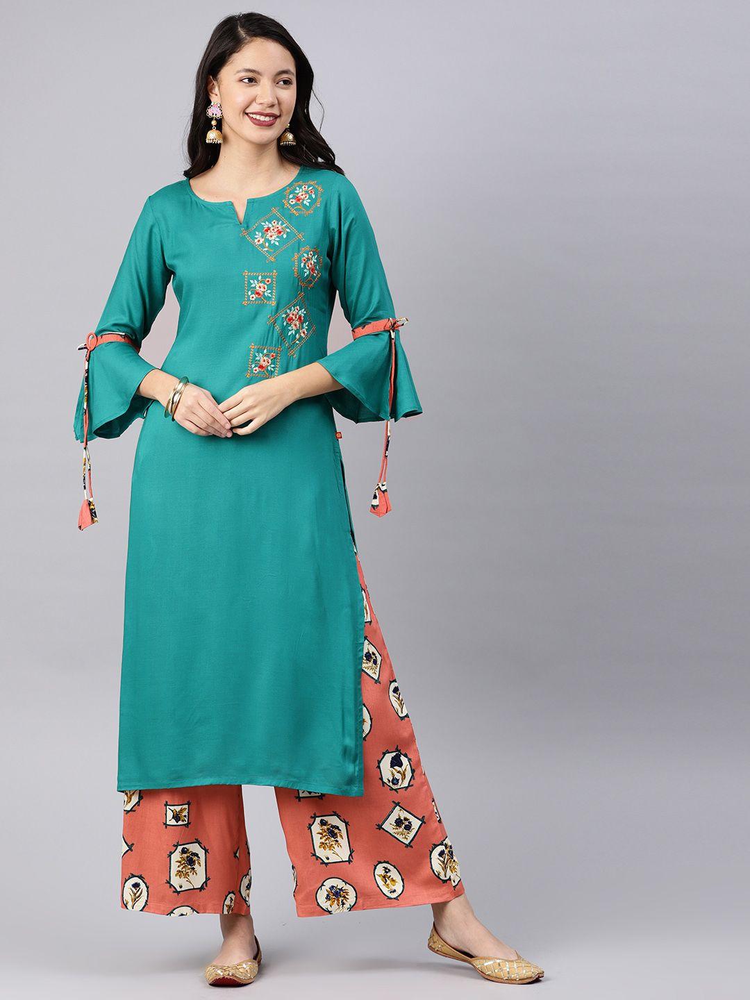 alena women teal green & peach-coloured embroidered kurta with palazzos
