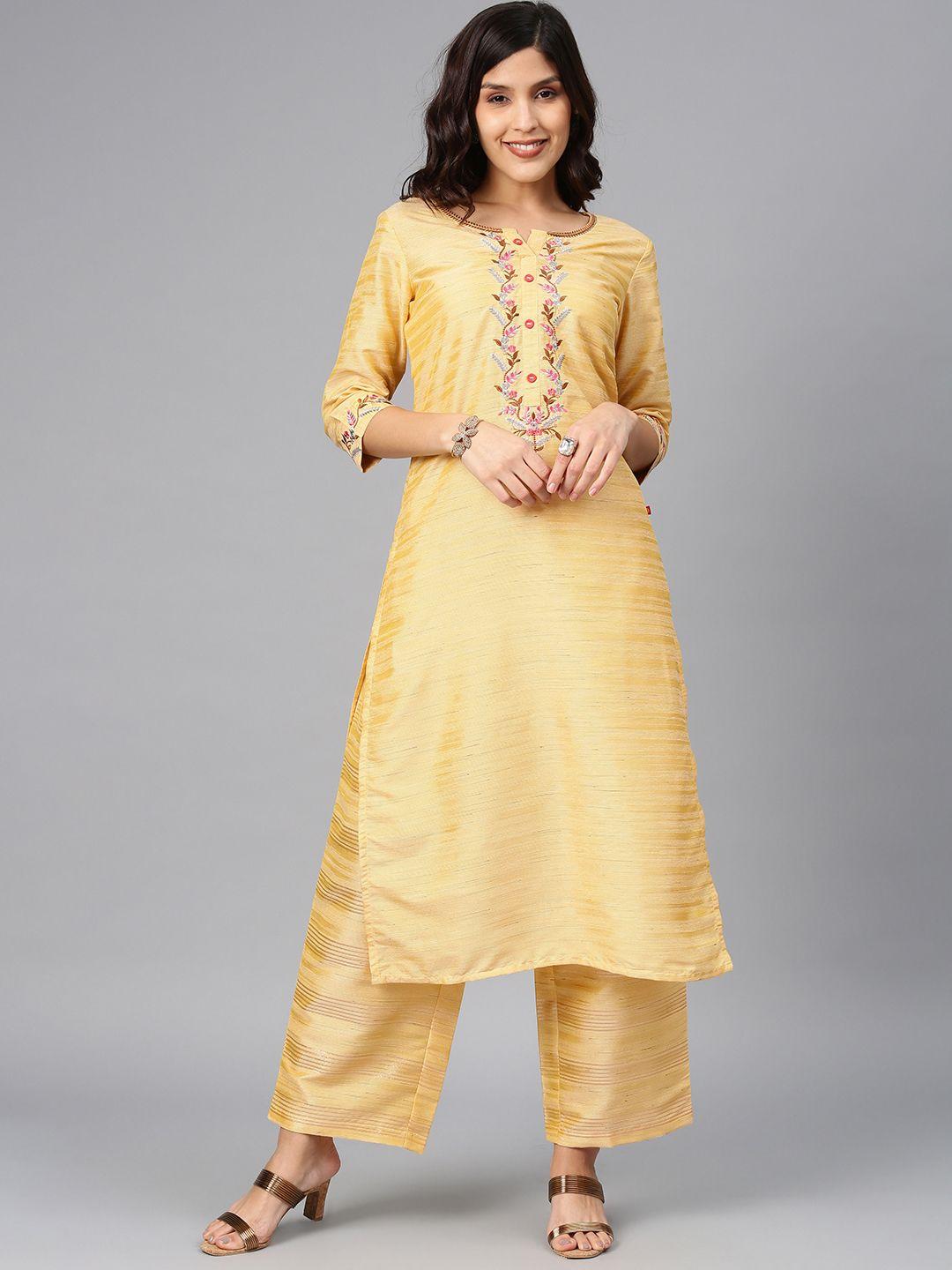 alena women yellow embroidered kurta with palazzos