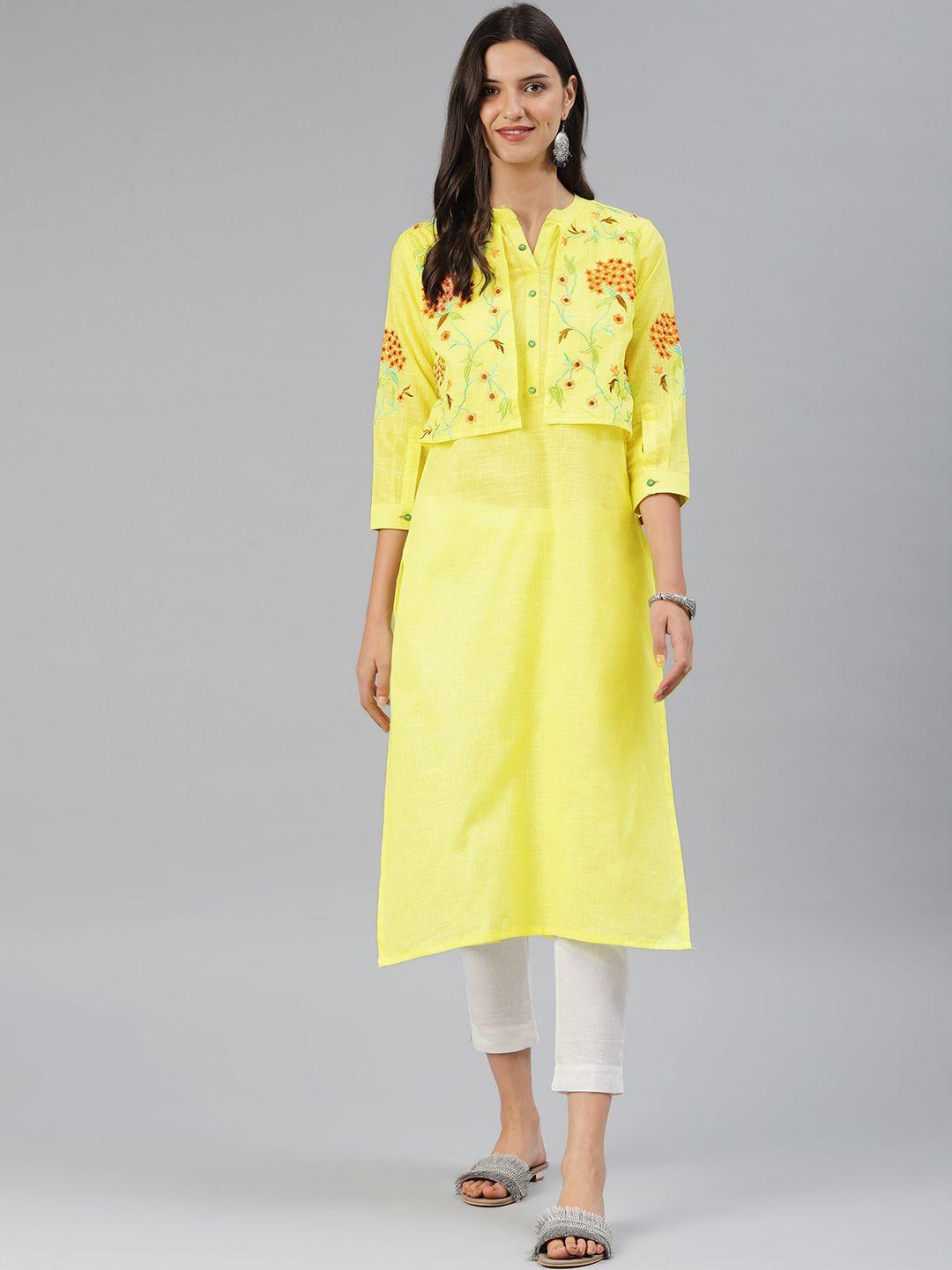 alena women yellow embroidered layered straight kurta