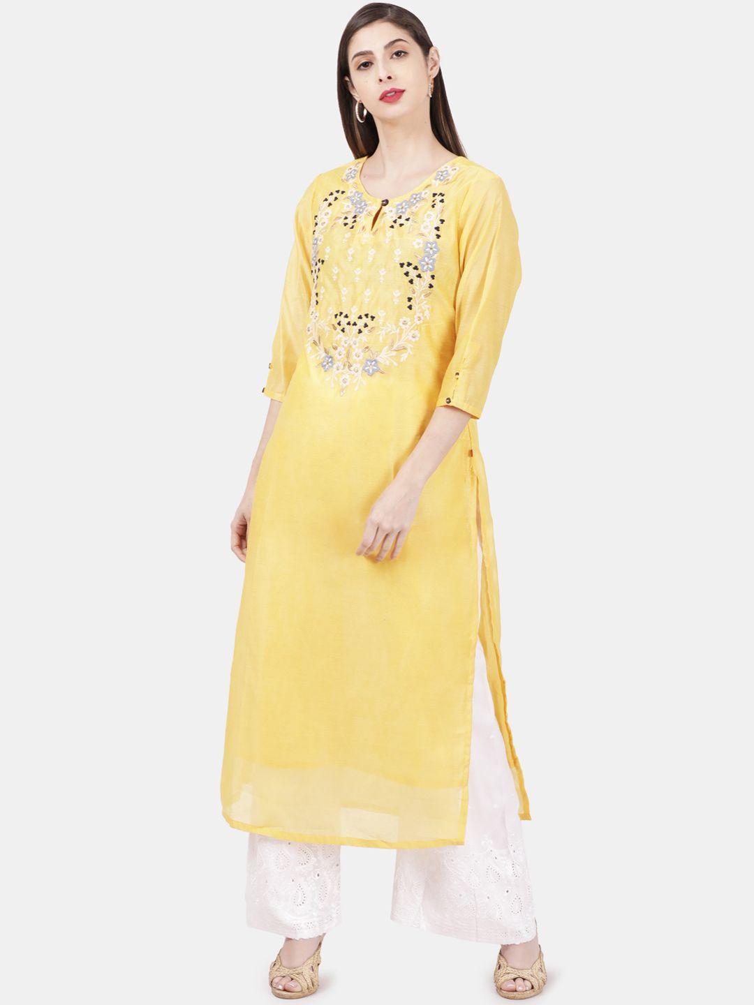 alena women yellow embroidered straight kurta